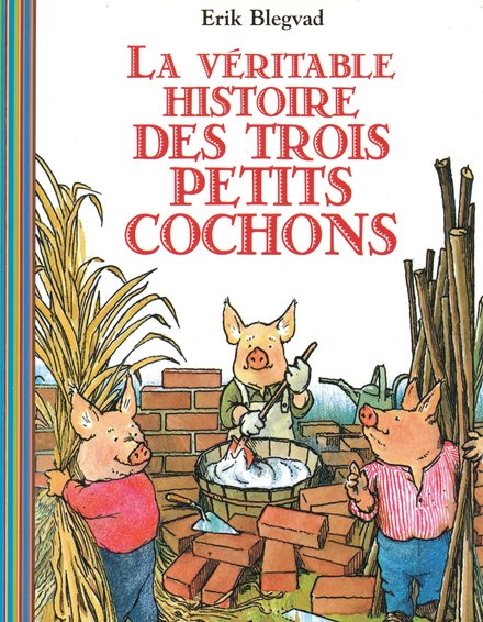 pochette du cd représentant les trois petits cochons avec chacun la matière de leur maison, le ciment, le bois et la paille