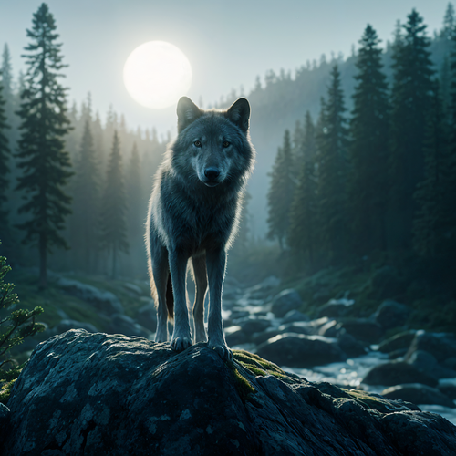 loup devant une lune. Image générée par intelligence artificielle