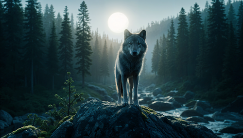 loup devant une lune. Image générée par intelligence artificielle